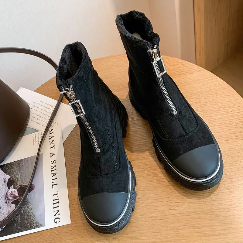 Новые дизайнерские зимние ботинки на меху; теплые плюшевые ботильоны на молнии; замшевые короткие зимние ботинки на плоской подошве; женская обувь; zapatos de mujer