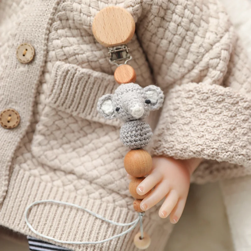 Crochet Elephant Series Bib And Baby Rattle Teethers Set Wodden Bracelet & Cotton Bib Pacifier Clips For Kids Toys