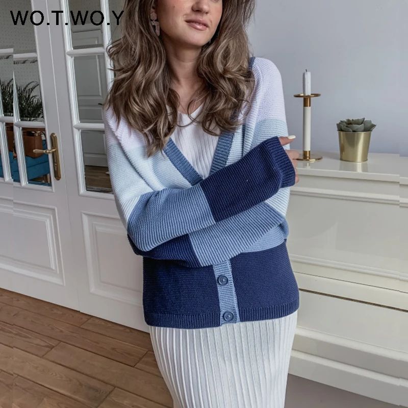 Ceny WOTWOY jesień zima dzianiny kobiety sweter płaszcz PatchWork przycisk v nceck Raglan rękaw znosić kobiet dorywczo kobiet otwórz ściegu