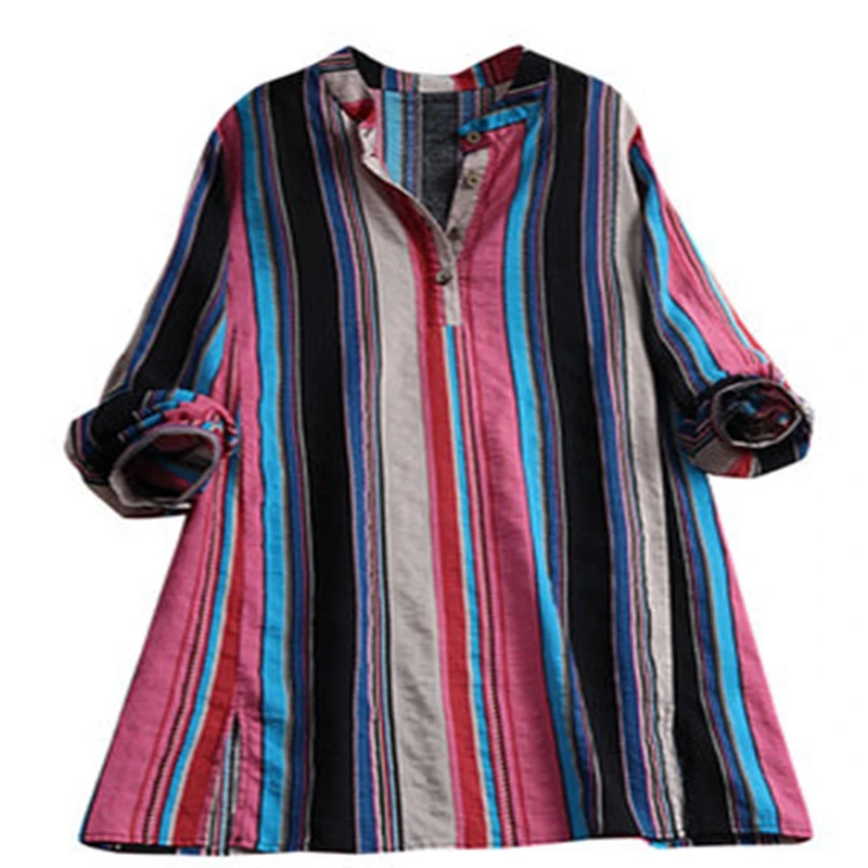 

Autumn new large size 4XL 5XL 6XL 7XL 8XL bust 129CM loose striped stand collar button retro long-sleeved casual shirt women