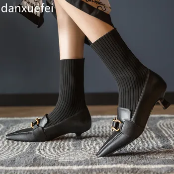 

Women's genuine leather Stretch knit sock patchwork slip-on autumn kitten heel pointed toe pumps metal buckle warm dress shoes