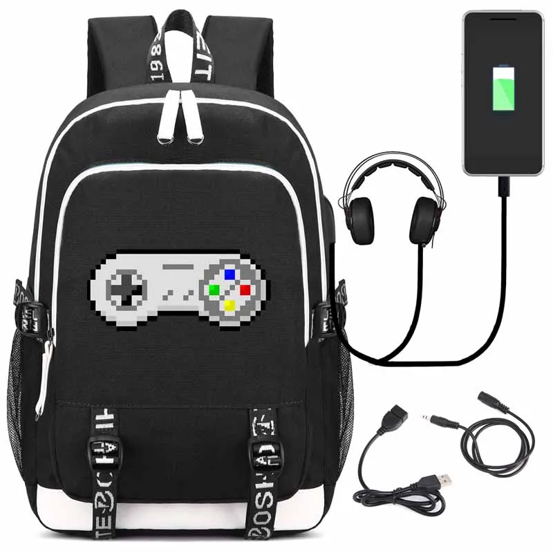 style3 black Игровой ретро рюкзак с usb-портом для зарядки и замком и интерфейсом для наушников для студентов колледжа - Цвет: style3 black