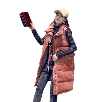 

Winter long vest women 2019 casual solid stand collar single breasted velvet fabric female wasit coat women thick warm jacket