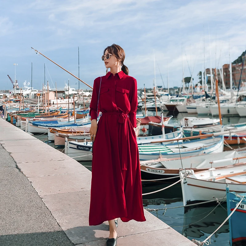 

Autumn And Winter Drawstring A-Shaped Mid-Length Elegant Casual Ladies Office Dress Solid Color With Belt Long Sleeve Lapel