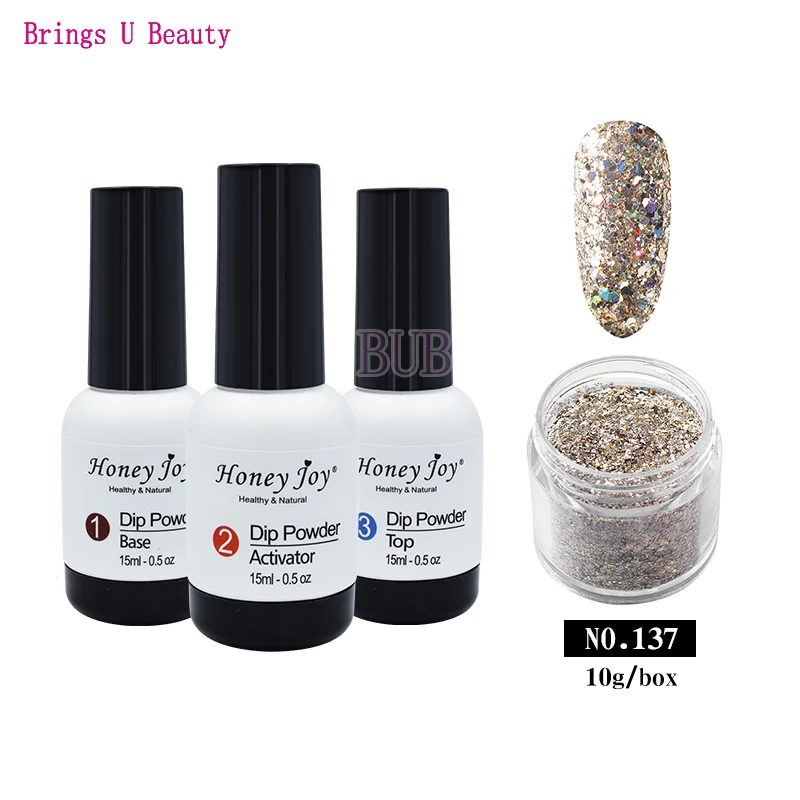 4 in 1 Dipping Powder Tool Kits Set 10g Shine Glitter Dip Powder 15ml Base Coat Top Coat Activator Natural Dry Long Lasting - Цвет: BU-15ml BAT-10g137