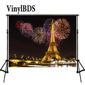 

VinylBDS Eiffel Tower Backdrop Vintage Wedding Background Fiercracker Scenic Photography Backdrops Microfiber Cloth Backdrops