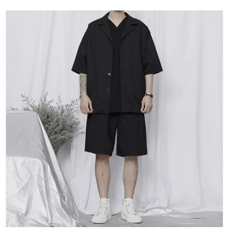 

Summer new style Japanese casual pants men's loose five-point sleeve shirt pants suit men's trendy fashion handsome two-piece su