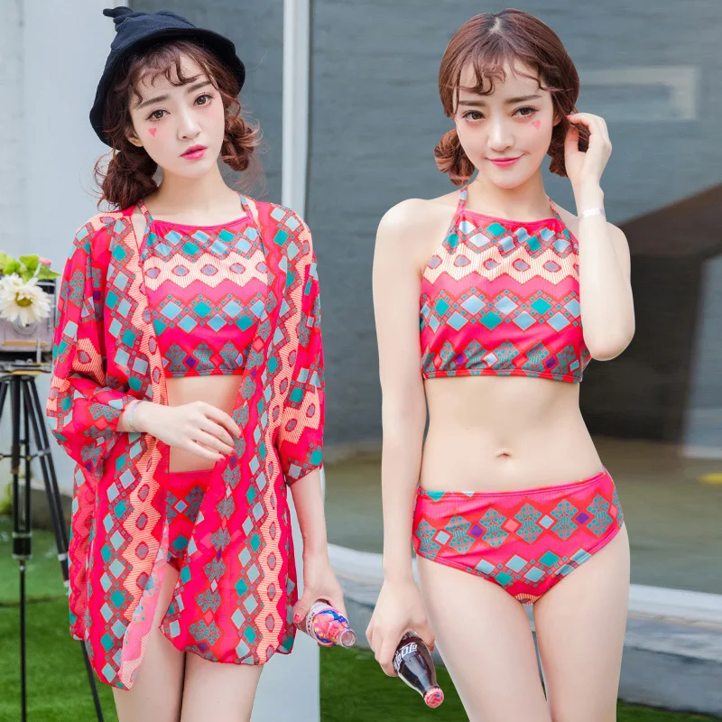 

Korean Series Bathing Suit Three-piece Set with Cover-up Conservative Small Bust Bikini Ethnic-Style Pattern Swimwear Sun-resist