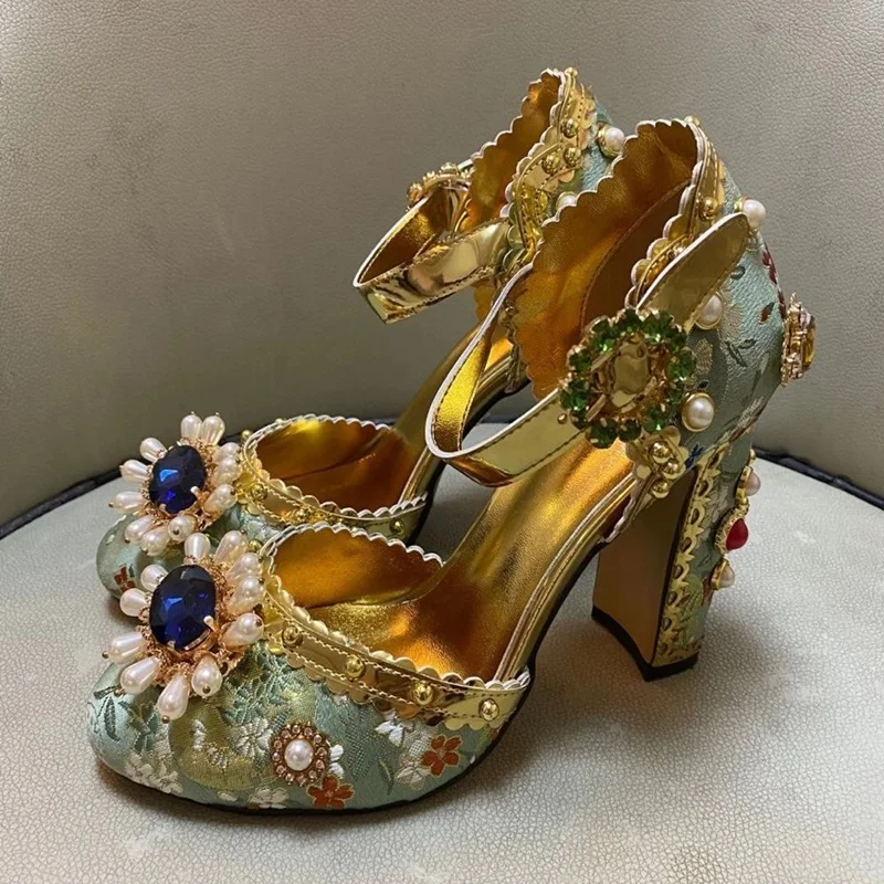 

New Arrivals Muti Jewel Chunky Heel Women Shoes Metallic Leather Rhinestone Mary Janes Pumps Red Blue Wedding Bride Shoes