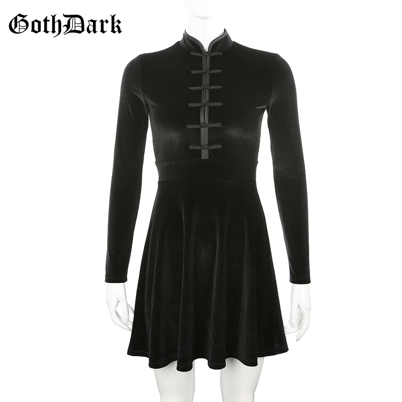 Готическое темно-черное винтажное готическое женское плиссированное платье на пуговицах с длинным рукавом в стиле панк, эстетическое осенне-зимнее платье cheongsam