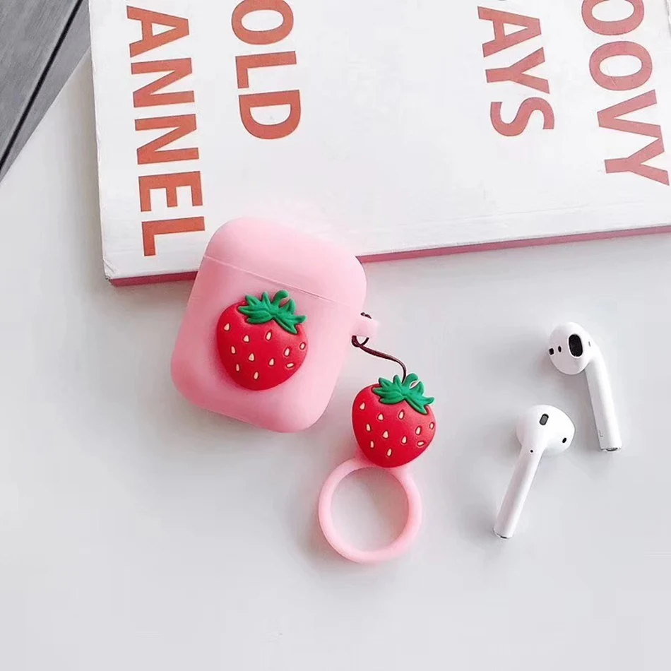 Чехол для AirPods с 3D милыми фруктами, клубникой, сосной, яблоком, авокадо, пиццей, чехол для наушников s для apple Airpods 2, Защитная крышка с подвеской - Цвет: Jelly Strawberry