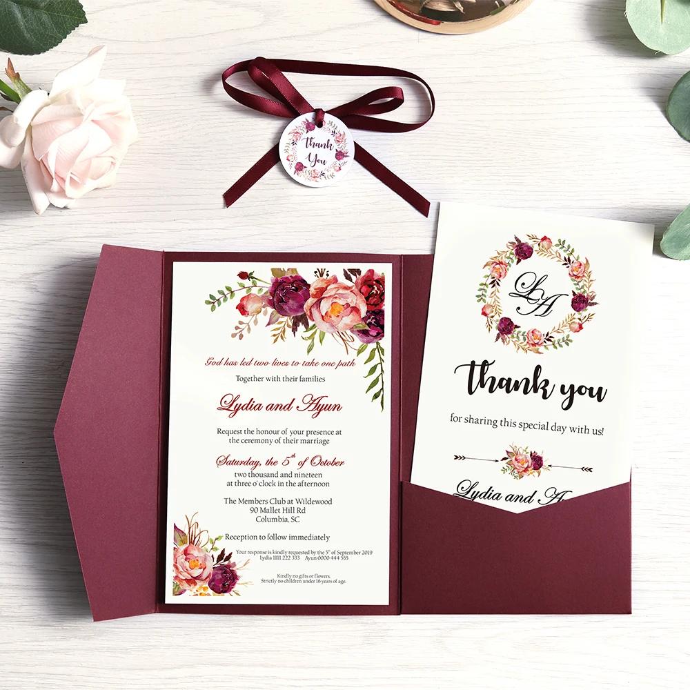 100 шт свадебные приглашения бордовый розовый синий карманные поздравительные карты с конвертом индивидуальные вечерние с лентой и биркой