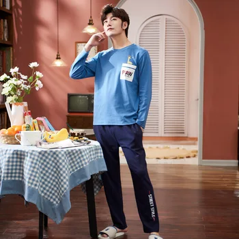 

MELIFLE Autumn Cotton Men's Pajamas Sets Long Sleeve Pure Soft Satin Sleepwear for Men Winter Warm O-Neck Lounge Male Nightwear