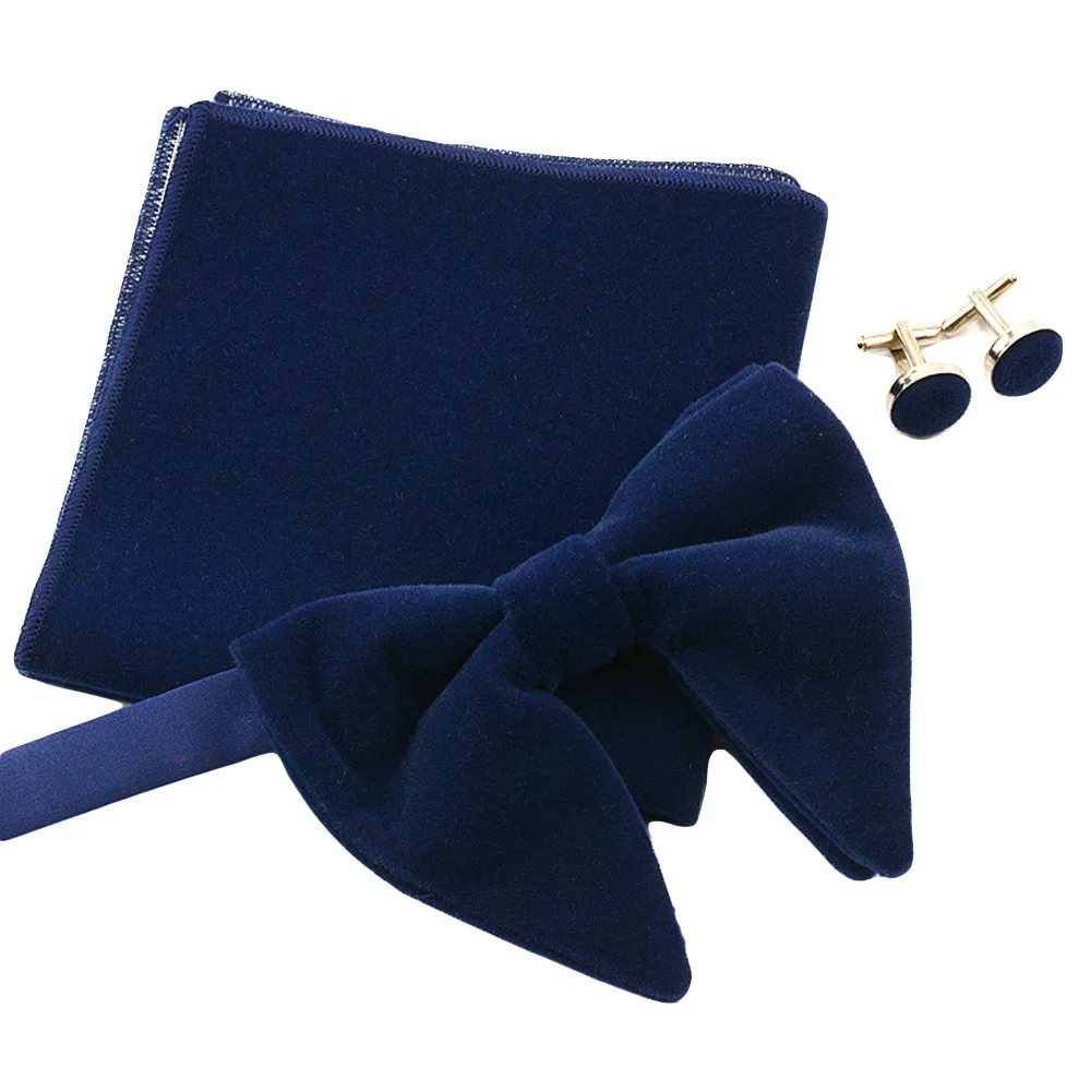 Мужской предварительно завязанный негабаритный галстук-бабочка Бархатный смокинг регулируемый галстук-бабочка Запонки Набор - Цвет: Dark Blue