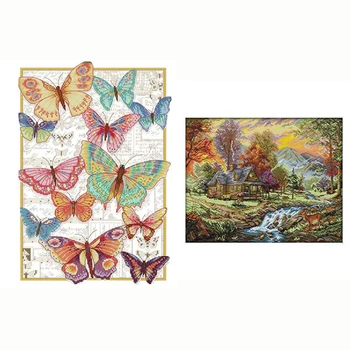 

2 Set Cross Stitch Counted Kits Cross-Stitching Pattern for Home Decor, Butterflies & Holiday Villa