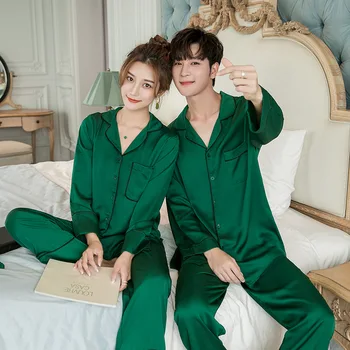 

New Autumn Elegant Green Couples Pajamas Sets Women Men Korea Fashion Satin Silk Noble Sleepwear Women Sexy Long Sleeve Pyjamas