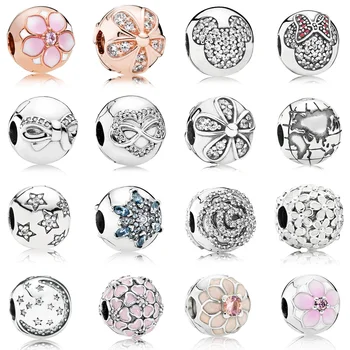 

16 Style Round Pink Flower Snowflake With Crystal Clips Stopper Beads Charms For Women Pandora Charm Bracelet Jewelry