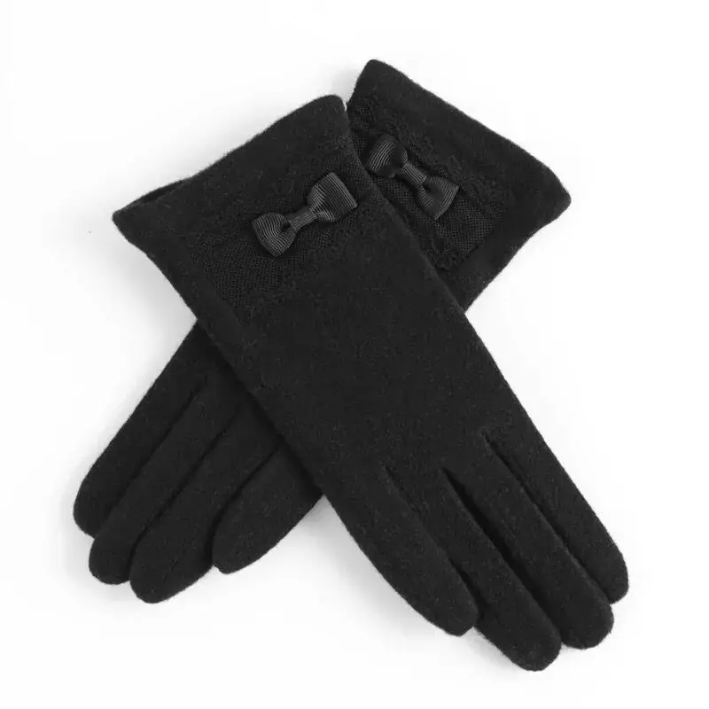 Модные женские осенне-зимние теплые кашемировые перчатки с сенсорным экраном, женские тонкие шерстяные вязаные перчатки с милым бантом и вышивкой для вождения D90