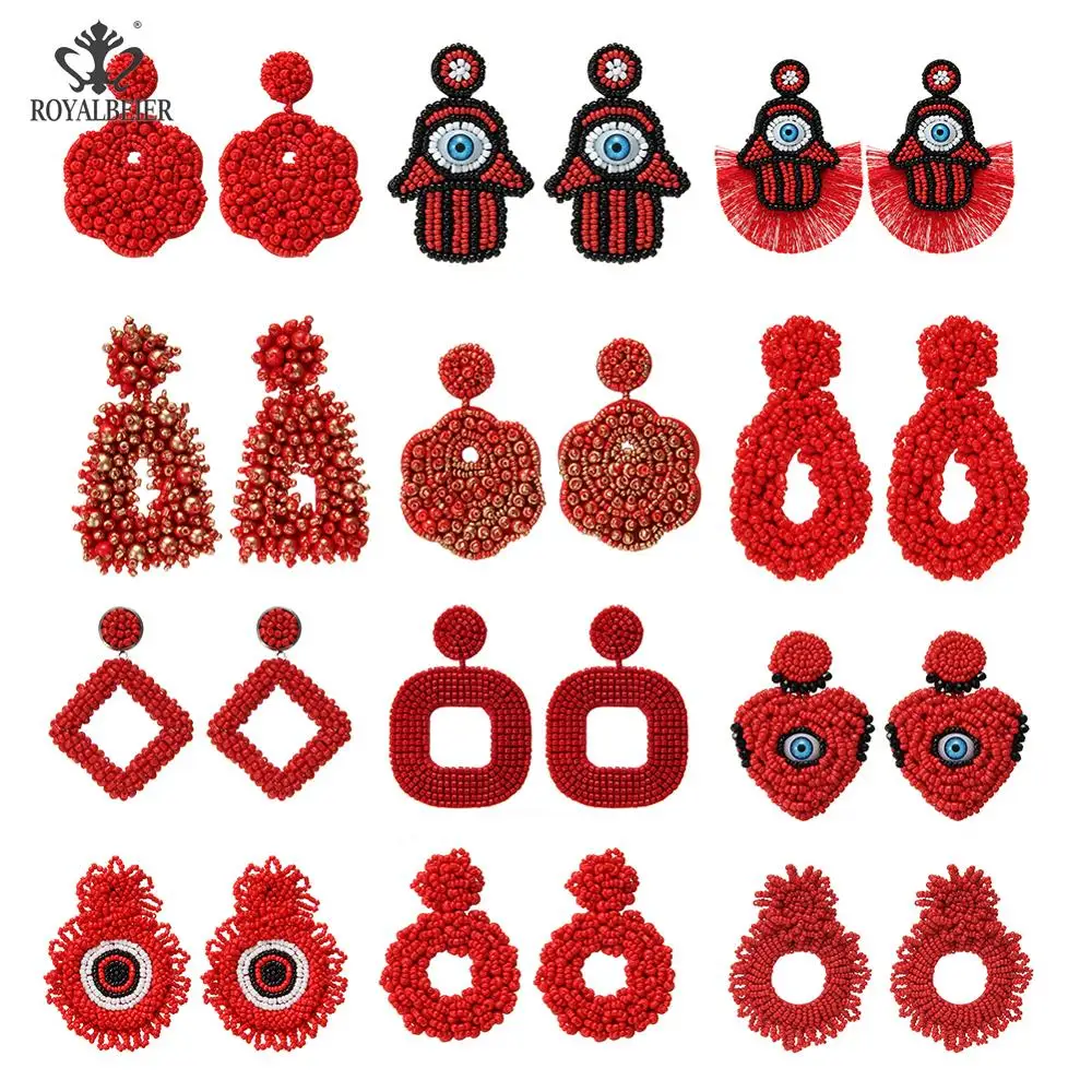 

ROYALBEIER Bohemian Trendy Red Beaded Tassel Earrings for Women Handmade Irregular Fringed Stud Earrings Dangle Jewelry Gift