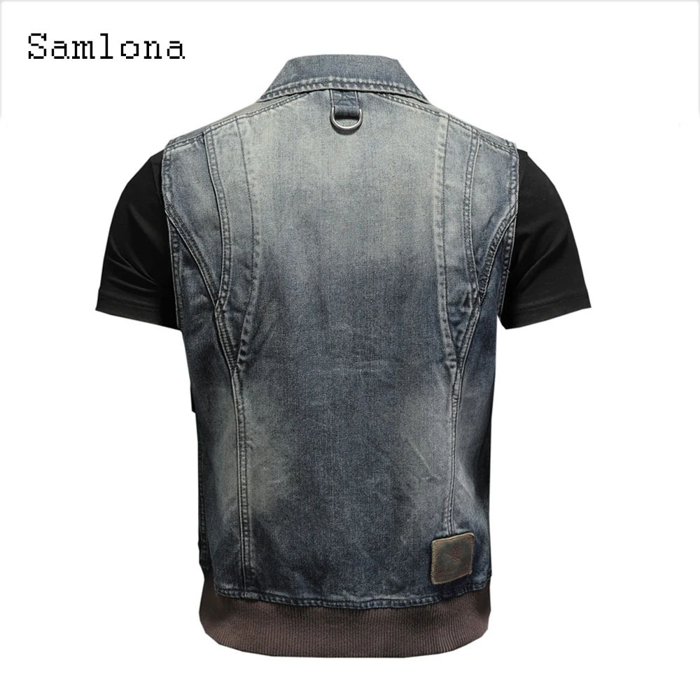 Samlona Mens Fashion Leisure Demin Vest Spliced Retro Jean Outerwear 2022 European and American style Autumn Zip up Deim Jackets