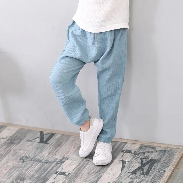 2-7 Yrs Linen Pleated 2022 Baby Boys Girls Summer Cotton Harem Baggy Pants Kids Clothes Children Sweatpants Trousers Breathable sky blue