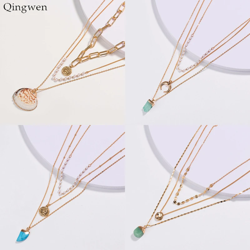 

Qingwen Freshwater Pearl Irregular Jewelry Accessories Natural Stone Shell Pearl Gold Fashion Women Multilayer Necklace CE0980/w