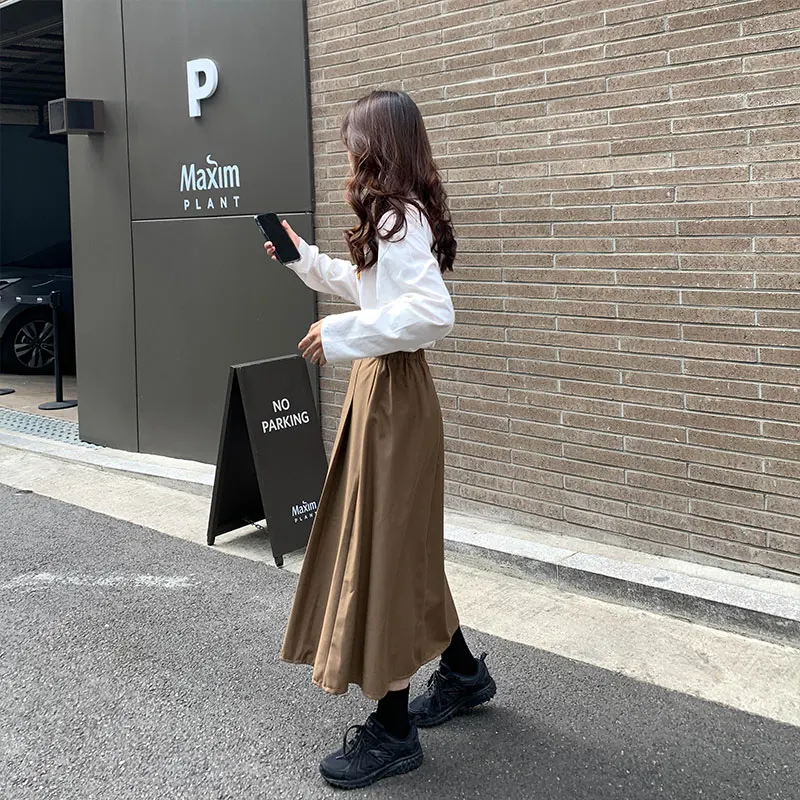 Японская уличная одежда Харадзюку Faldas Mujer Moda, высокая талия, цвета хаки, черный, плиссированные юбки средней длины, Женская винтажная элегантная юбка для девушек