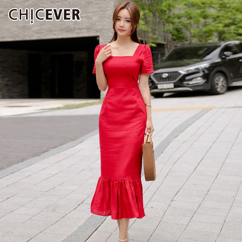 CHICEVER Elegant Ruffles Dress For Women Square Collar Short Sleeve High Waist Lace Up Casual Dresses Female 2022 Summer Fashion
