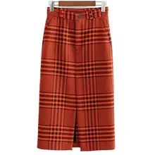 Модная Весенняя женская Стильная клетчатая юбка на молнии с разрезом спереди и карманами прямая Повседневная офисная длинная юбка