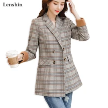 Lenshin/винтажное длинное клетчатое пальто с карманами в английском стиле для женщин; двубортная куртка; модная верхняя одежда; Свободный стиль; блейзер