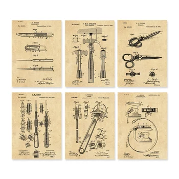 

6 in 1 vintage patent art prints on tools hammer tap scissors wrench scroll driver wall decor unframed