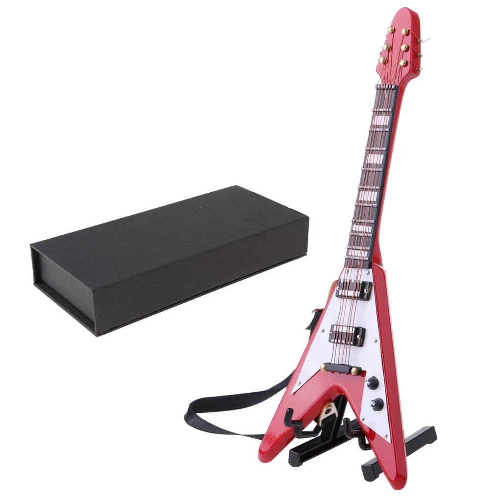 1/6 Scale Miniature Musical Instrument Model Come With Stand & PU Box for Action Figures Dolls Accessory-Wooden V Guitar Model