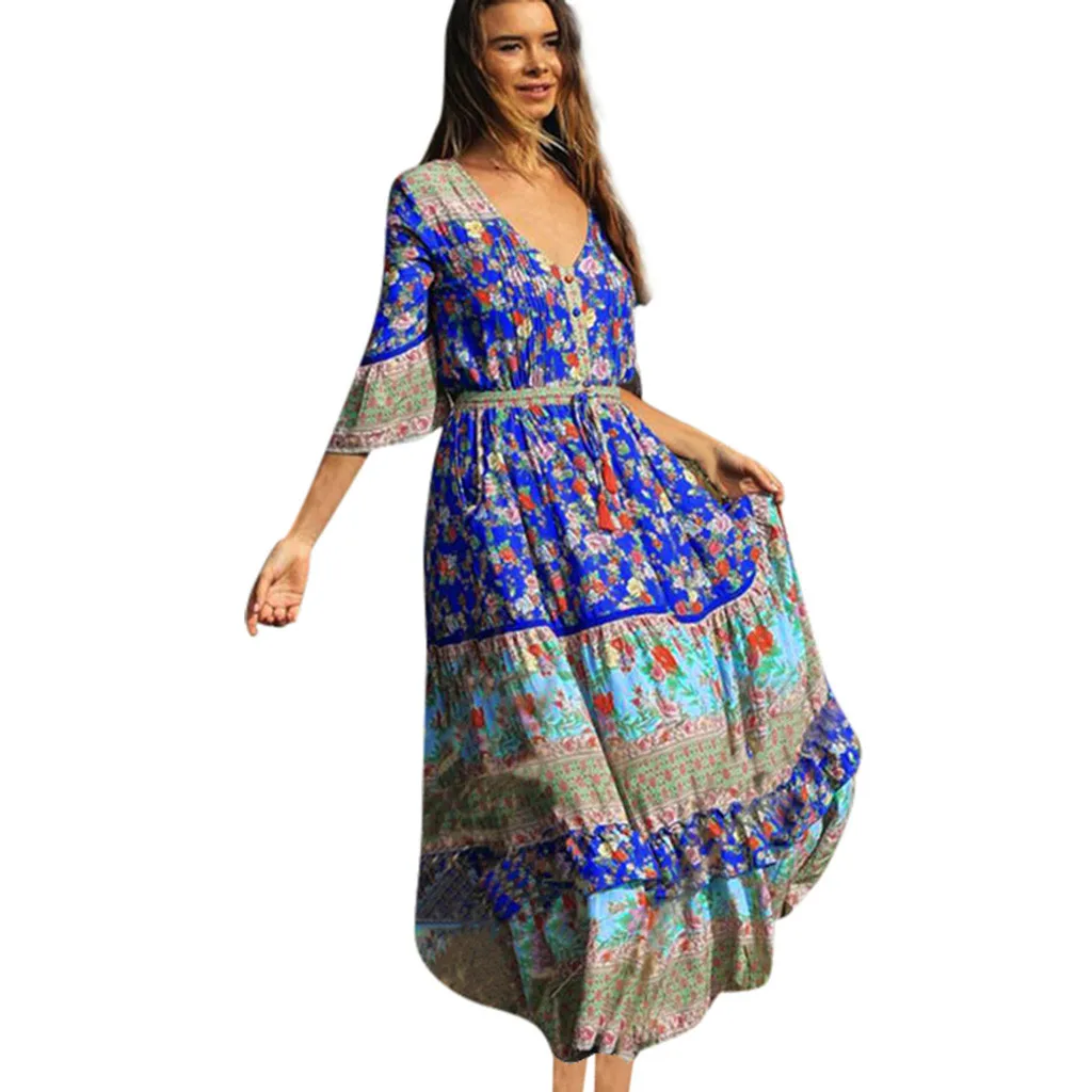 Vestidos, женское летнее платье, платье в богемном стиле, с принтом на талии, v-образный вырез, шифоновое, Пляжное, длинное, праздничное, Пляжное, вечерние, женское платье - Цвет: Синий