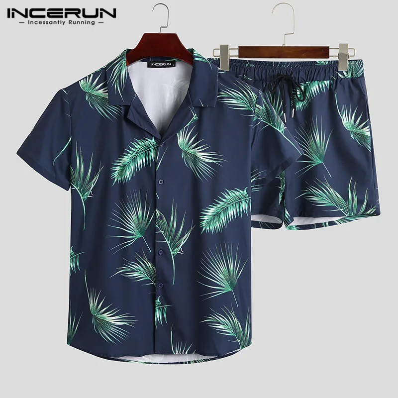 Men Suit Hawaiian-Sets Summer Shirt Casual Shorts INCERUN Fashion Short-Sleeve Streetwear