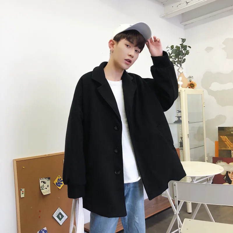 

Winter Men's Fashion Loose Thick Woolen Blends Coat Black/Khaki Casual British Wind Jacket Street Versatile Thick Parkas Trench