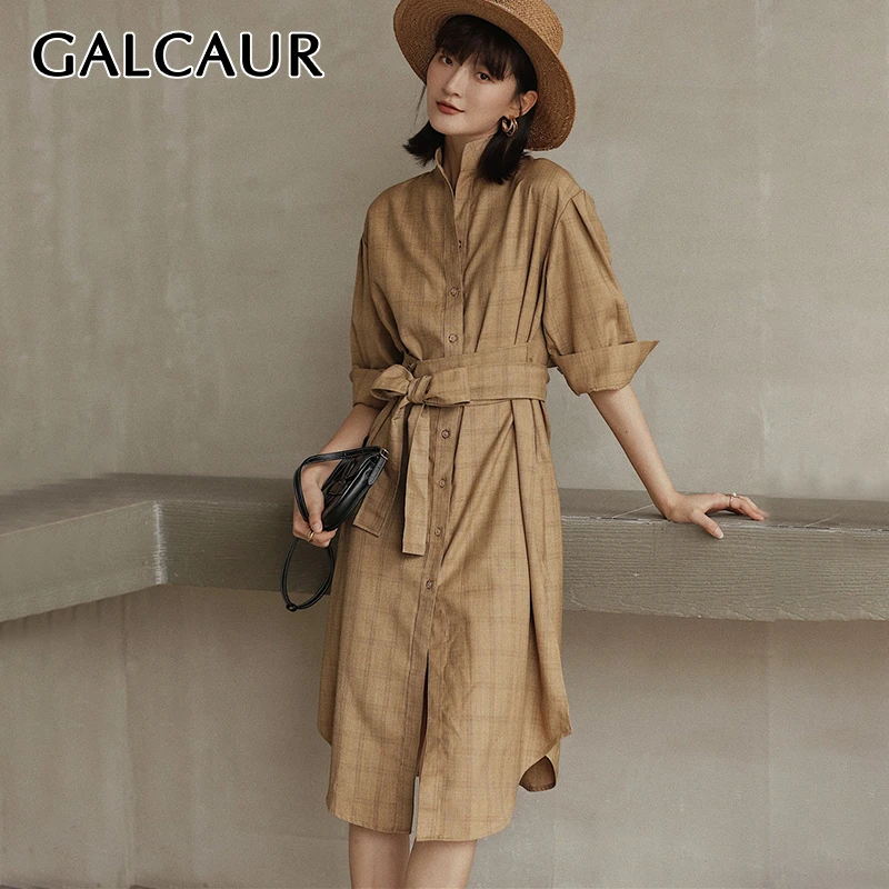 

GALCAUR Plaid Bow Women's Dress Stand Collar Three Quarter Sleeve High Waist Lace Up Side Split Dresses Female 2019 Fashion New
