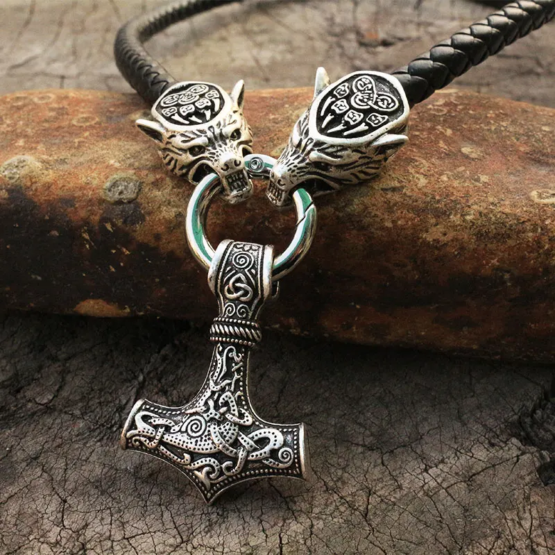

Men stainless steel necklace viking wolf head with thor's hammer mjolnir necklace pendan norse talisman ethnic jewelry