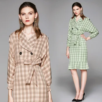 

2019 Autumn Dresses Woman Party Night Office Lady Loose Plaid Full Dresses Apricot Green Bow V-Neck Elegant Casual Dresses
