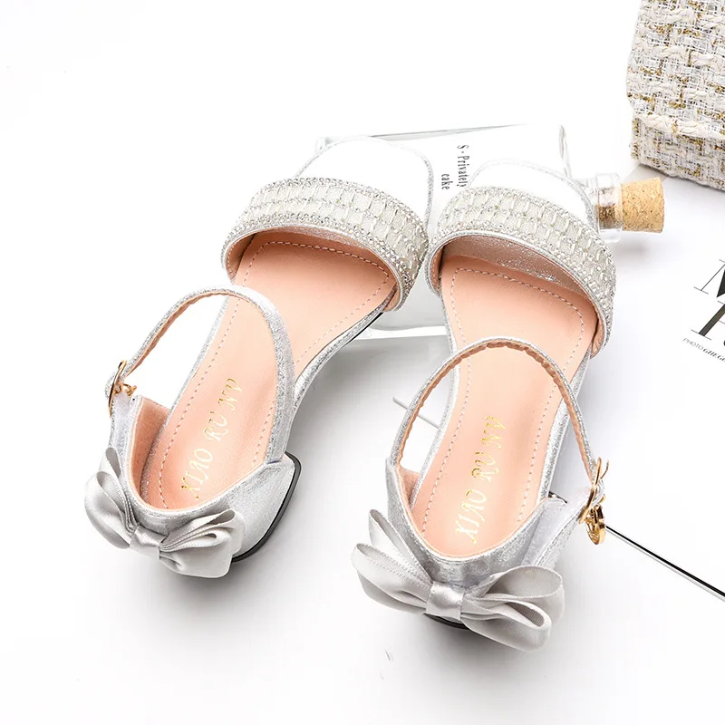 ULKNN Fashion Children Bowtie Rhinestone Sequins Sandals 2020 New Princess Girls Big Kids Leather Soft Bottom Beach Shoes