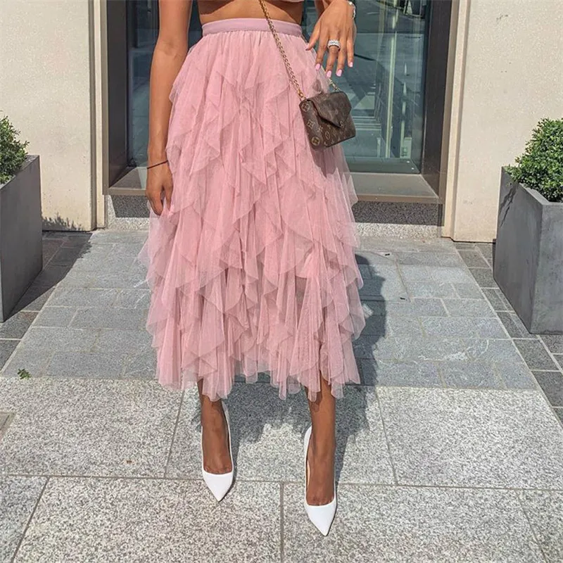 

Fashion Women Ruffles Streetwear Double Layers Tulle Pleated Long Skirt Elegant High waist Ladies Summer