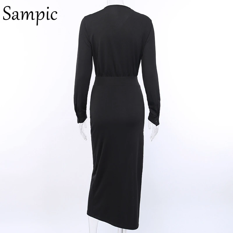 Sampic, сексуальное, облегающее, Клубное, черное, красное, макси, вечерние, с длинным рукавом, винтажное, с v-образным вырезом, женское, с разрезом, длинное, Осеннее
