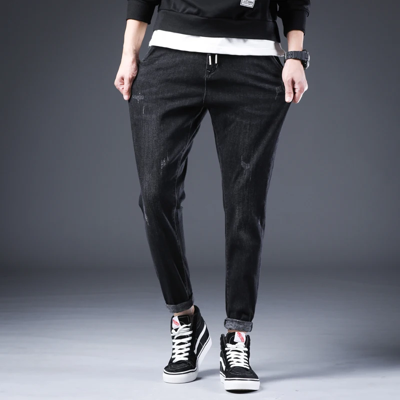 Blog Top Quality 2019 Fashion Stretch Spring Men Jeans Elasticated belt Hot Selling Male Trousers Ankle pants black Slim-fit pants