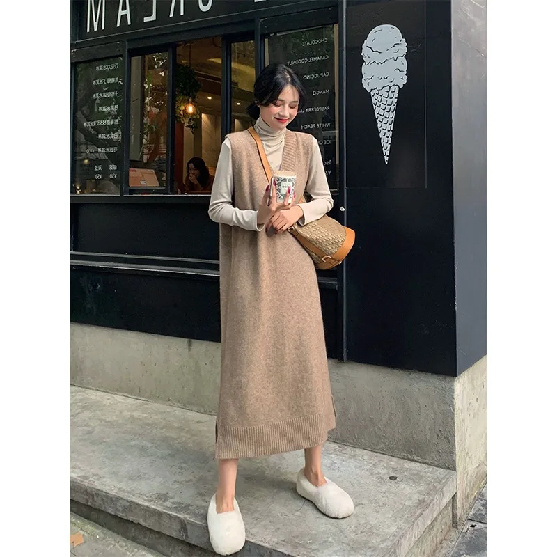 

Tank Dress Women's Autumn & Winter V-neck Mid-length Sleeveless Pullover Slit Solid Color Loose Casual Dress