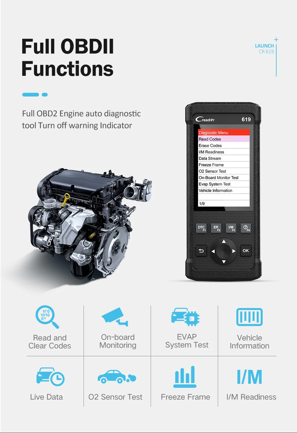 LAUNCH X431 CR619 OBD2 Automotive Scanner ABS Airbag SRS Scanner obd 2 Engine Code Reader LAUNCH Car Diagnostic Tool Free Update