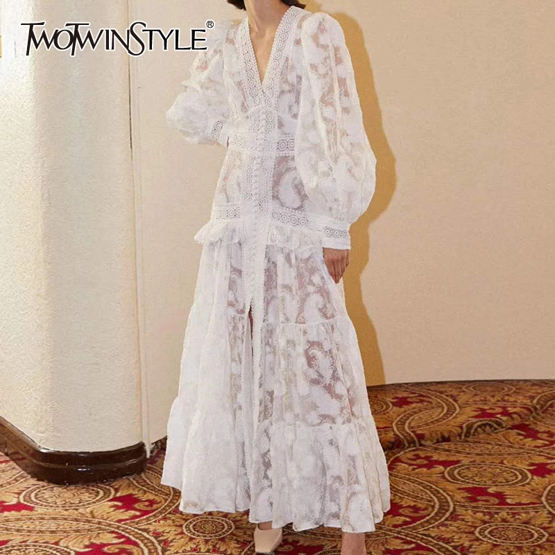 TWOTWINSTYLE Vintage Lace Women Dress V Neck Lantern Long Sleeve High Waist Patchwork Ruffles Dresses For Female Summer Fashion TWOTWINSTYLE Vintage Lace Women Dress V Neck Lantern Long Sleeve High Waist Patchwork Ruffles Dresses For Female Summer Fashion