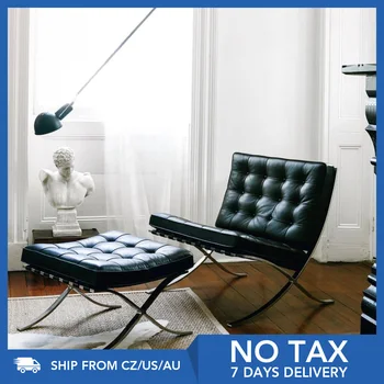 

Furgle Modern Mid Century Lounge chair with Ottoman Classic Pavilion Exhibition Black Top Grain Real Leather Chair&Bench Set