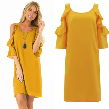 

Elegant Solid Color Ruffle Short Dress Women Sexy Round Neck Summer Loose Female Short Beach Dress 2020 Plus Size Vestito
