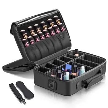 

Makeup Train Case–3 Layers Waterproof Travel Makeup Bag Cosmetic Organizer Kit Artist Storage Case Brush Holder with Adjustable