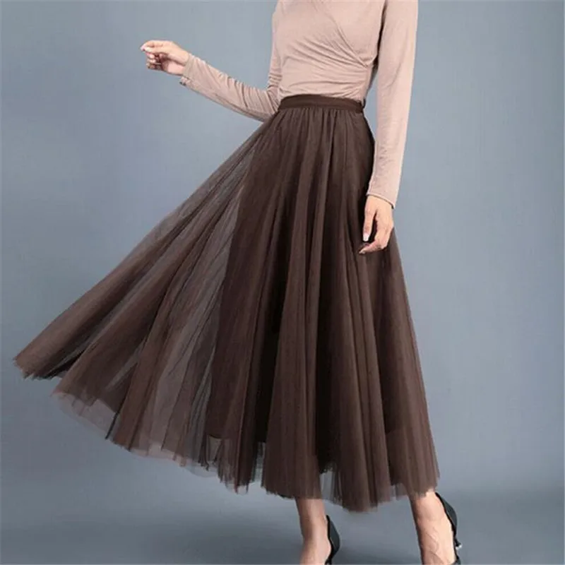 US Women Mesh Solid Color Skirts High Waist Lace Mesh Tulle Floral Long Skirt Ladies Layered Long Skirts