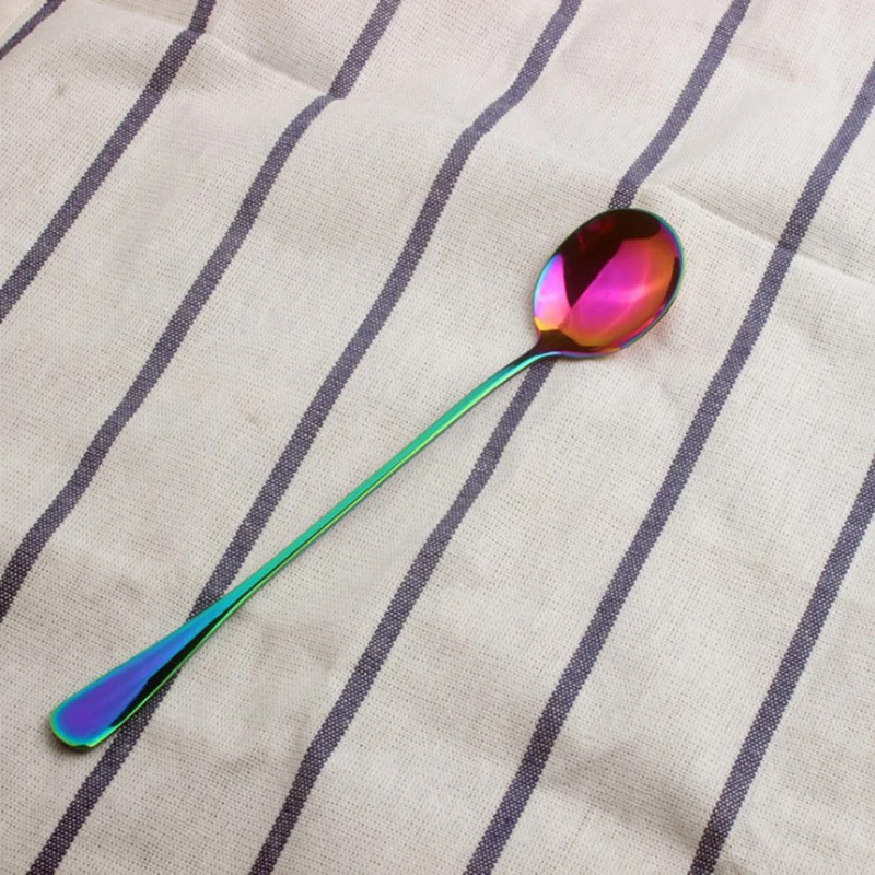 round spoon Нержавеющая сталь для ложек кухонный инструмент позолоченная кофейная ложка Cuspidal круглая длинная ручка чайная десертная посуда для пикника - Цвет: round spoon